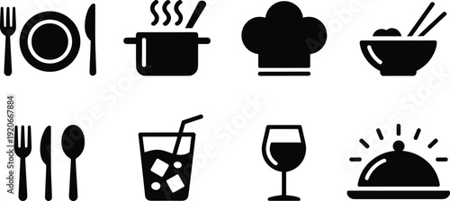 Kitchen and restaurant icons set, cooking dining food service vector illustration, modern silhouette design