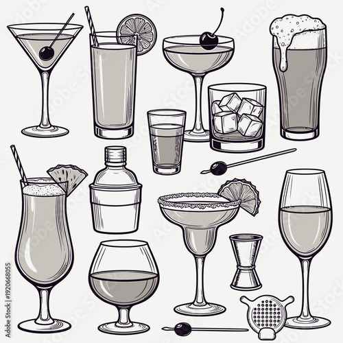 Cocktail Glasses and Ingredients