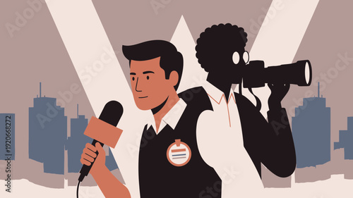 Reporter and Cameraman Covering News