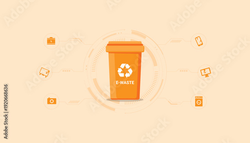 Orange e-waste recycling bin with electronic device icons, representing proper disposal of electronic waste and responsible digital sustainability practices.