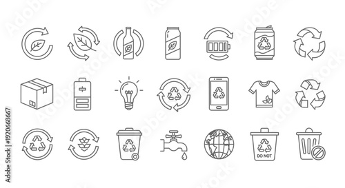 Recycling and Sustainability Line Icons Set: Eco-Friendly Environmental Protection Symbols