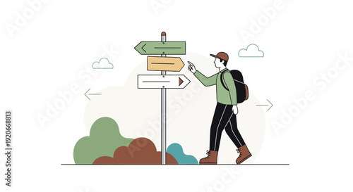 Hiker Deciding Direction At Outdoor Crossroads Signpost