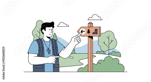 Hiker Decides Trail Choice At Wooden Direction Signpost