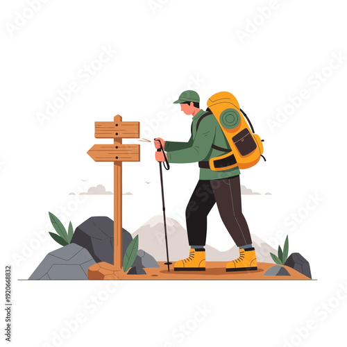 Hiker Pauses at Crossroads Signpost Planning Mountain Adventure