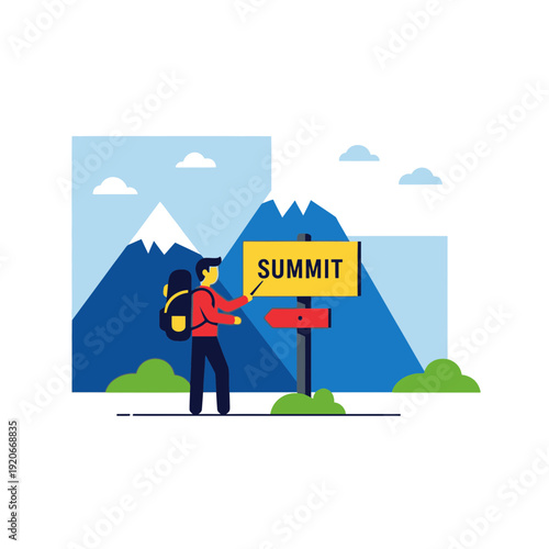 Hiker Points To Summit Sign Aspiration Achievement And Adventure