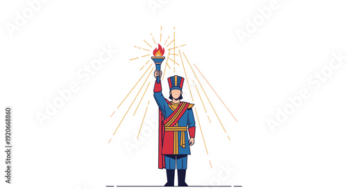 Historical Figure Holding Flaming Torch With Radiating Light Beams