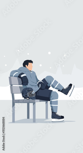 Hockey Player Relaxing On Bench In Winter Scene After A Hard Game Reflecting On Victory Or Loss