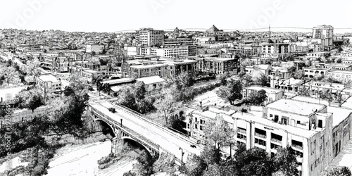 A detailed sketch of a historic town center with prominent buildings and a bustling main street.