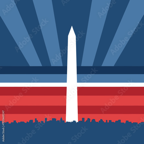Iconic Washington Monument Silhouette Against Vibrant American Flag Background Design