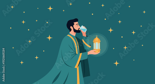 Illustration Of A Man Drinking Water Holding A Lantern In A Night Sky Scene
