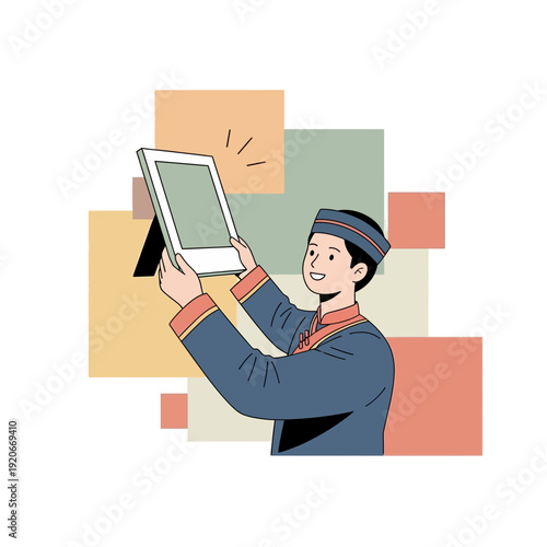 Illustration Of A Person Holding Up A Screen Surrounded By Geometric Color Blocks Presentation