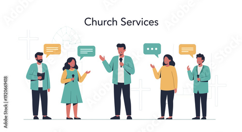 Illustrated Representation Of Church Gathering With Communication Bubbles and People