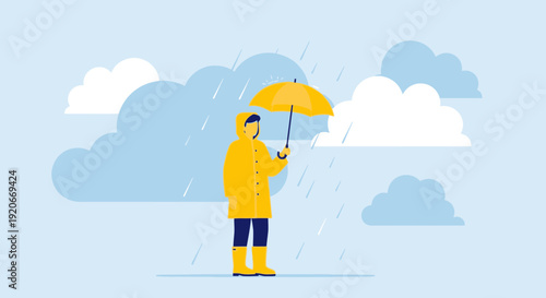 Illustration Of A Person In Yellow Raincoat Holding Umbrella Under Rain