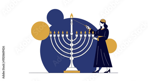 Illustration Of A Person Lighting A Menorah Festive Celebration
