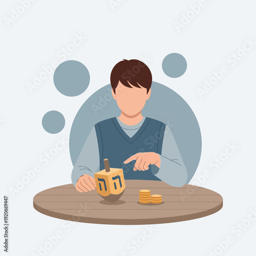 Illustration Of A Person Playing With A Dreidel And Money On A Wooden Table
