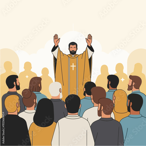 Illustration Depicting a Religious Leader Addressing a Gathering of Devotees with Uplifted Arms