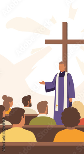 Illustration of a Priest Delivering a Sermon to a Congregation in a Religious Setting