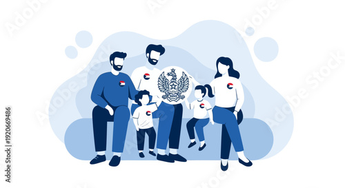 Illustration Depicting Family and Symbolic Elements of Heritage and Unity