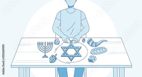 Illustration Depicting Jewish Holiday Symbols With A Person Interacting, Flat Design