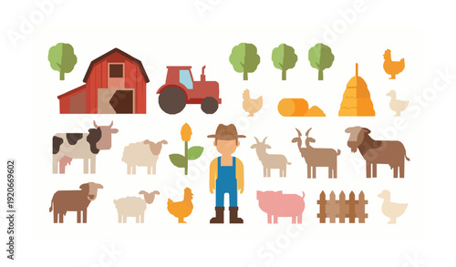 Educational cartoon farm with farmer livestock and barn flat vector isolated on white background