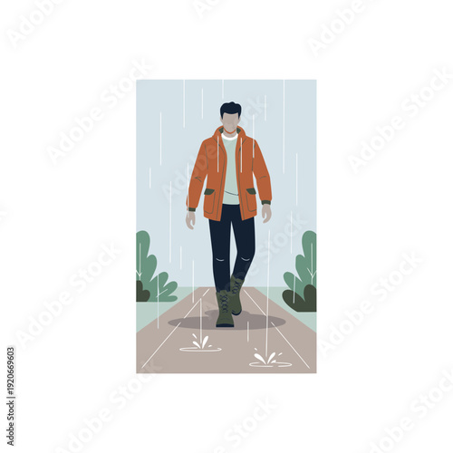 Illustration Of Man Walking In The Rain Depicting Autumnal Aesthetic And Fashion Forward Style
