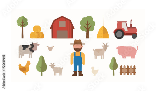 Educational cartoon farm with farmer livestock and barn flat vector isolated on white background