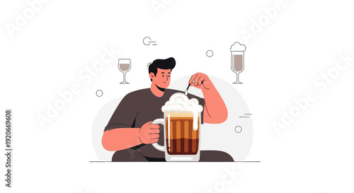 Illustration Of Man Preparing Beer With Foam And Two Glass Shapes Around