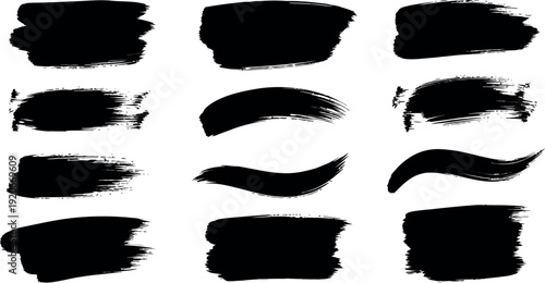 Set of dynamic black ink brush strokes and paint marks on white background, versatile for graphic design