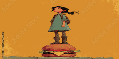 A lone figure gazes at a massive, glowing burger in a surreal, fiery landscape.