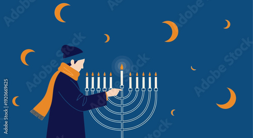 Illustration Of Person Lighting Hanukkah Candles Beneath Crescent Moons At Night