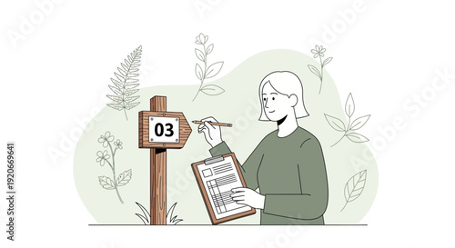 Illustration Of Person Surveying Nature With Clipboard Near Wooden Sign, Outdoors