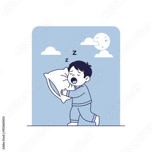 Illustration Of Sleepy Child Carrying Pillow Walking At Nighttime Under Cloudy Sky