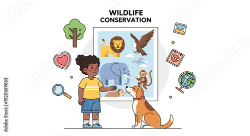 Illustration Of Young Person Learning About Wildlife Conservation And Different Animals
