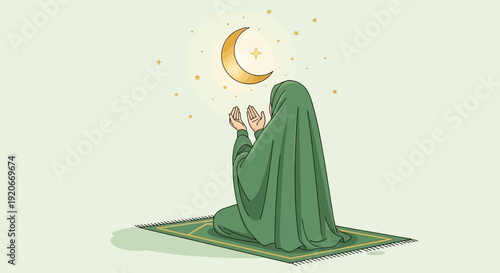 Illustration Of Woman Praying Under The Golden Moon And Stars With Green Clothes