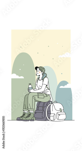 Illustrative Outdoor Adventure Scene With A Person Resting Among Mountains