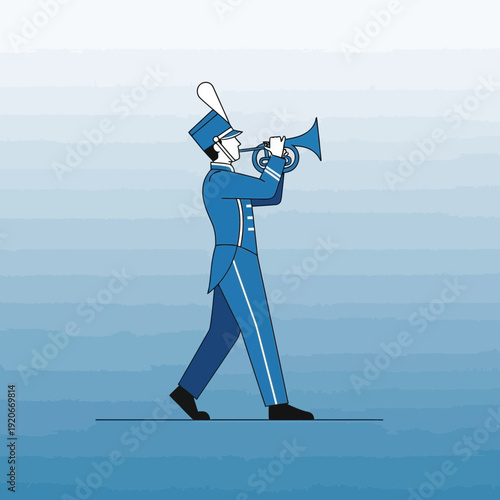 Illustrative Marching Band Musician Playing Bugle with Fanfare