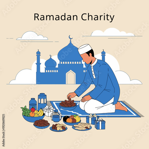 Inspiring Ramadan Charity Illustration: Muslim Man Donating Food Near a Mosque in Generous Gesture