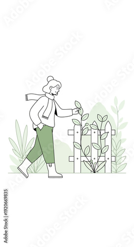 Illustrative Person Tending Garden Next To Wooden Fence With Lush Greenery