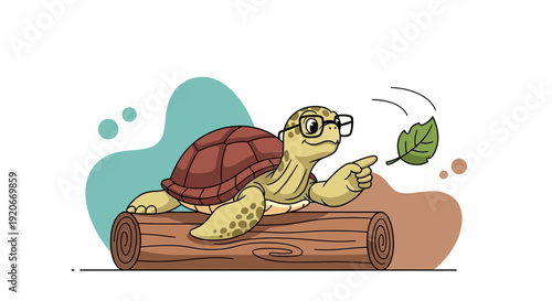 Intelligent Turtle Wearing Glasses Points to Leaf on Log