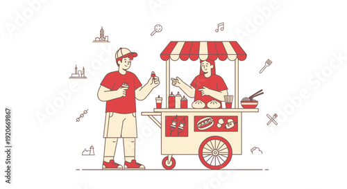 Illustrative Scene Of A Casual Food Cart Encounter With A Happy Customer