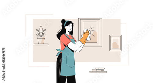 Illustrative Woman Cleaning Framed Art Domestic Chore Routine Household Tidiness