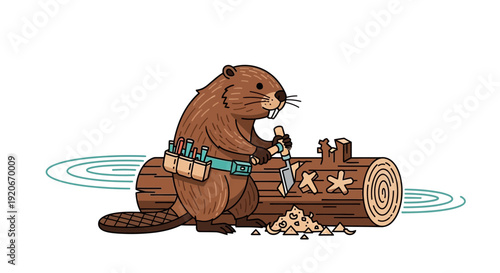 Industrious Beaver Carving Wood With Precision Tools And Water Ripples Background