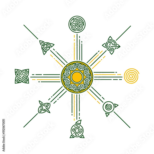 Intricate Celtic Knotwork Sun Symbol With radiating Arrows and Diverse Ancient Motifs