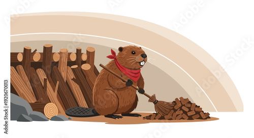 Industrious Beaver Cleaning Up Wood Piles With Broom
