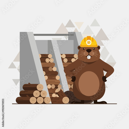 Industrious Beaver In Hard Hat Overseeing Lumber Yard Operations