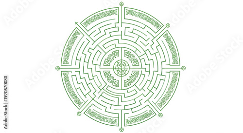Intricate Labyrinth Design: A Circular Maze with Celtic Knots and Decorative Elements