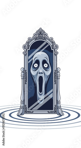 Intriguing Mirror Reflection Depicting a Startling Spectral Figure with an Ominous Aura