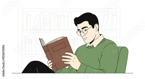 Introspective Reader Enjoying A Book With Glasses In A Library With Shelves In The Background