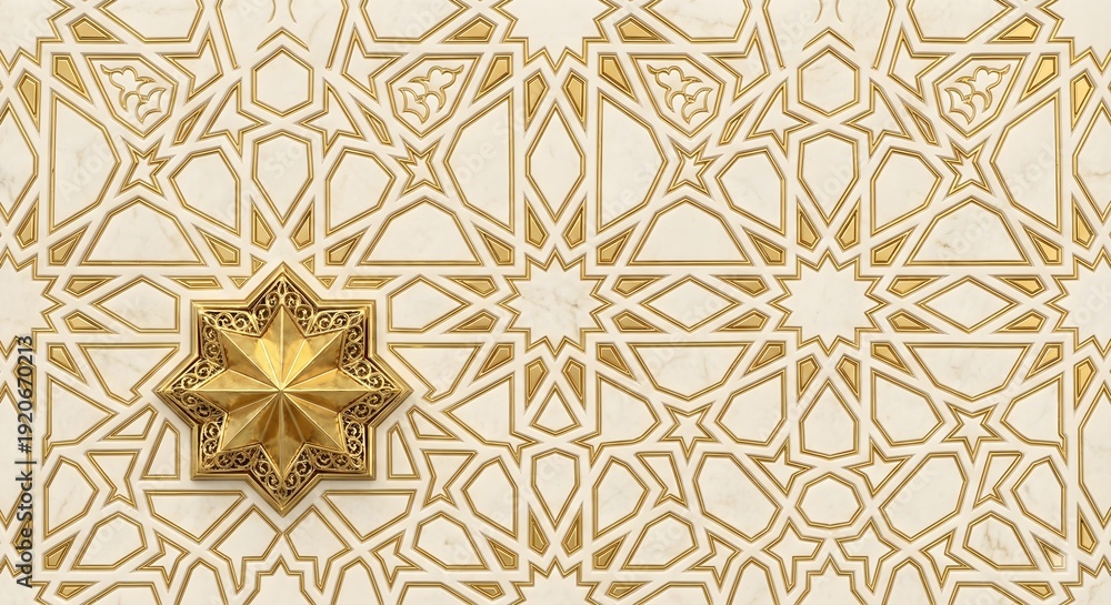 Fototapeta premium Shimmering Gold Geometric Star on White and Gold Islamic Pattern Background