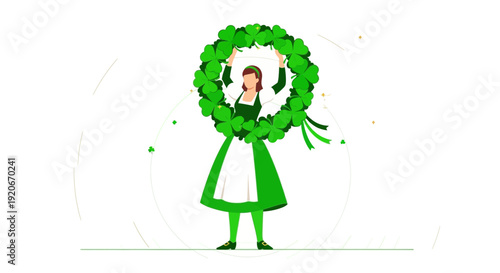 Irish Woman Holding Clover Wreath Festive Celebration Illustration